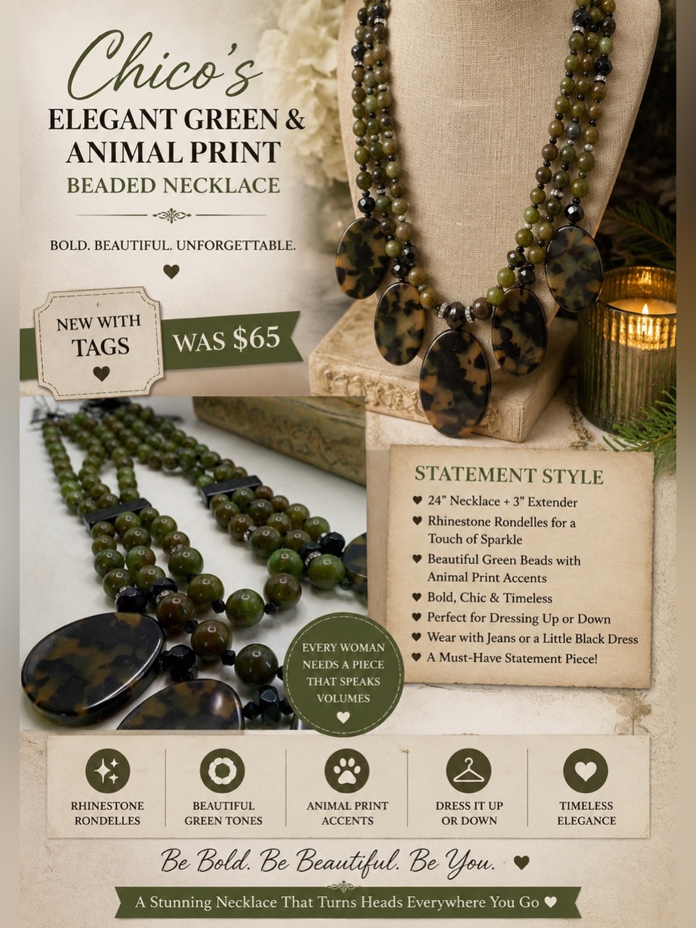 Chico’s Elegant Green & Animal Print Beaded Necklace